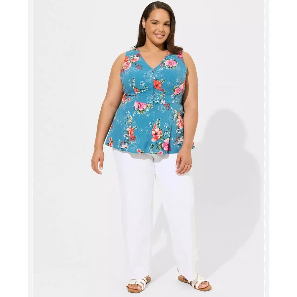 Torrid Rayon Slub Button Up With Waist Detail Tank floral blue Size 2